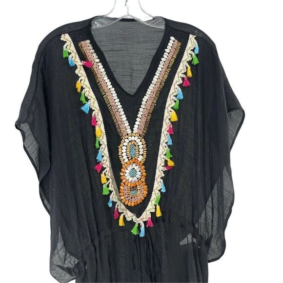 Bohemian Beaded Blouse Black V Neck Dolman Sleeve One Size Beach Tunic LOF NEW - Picture 2 of 9